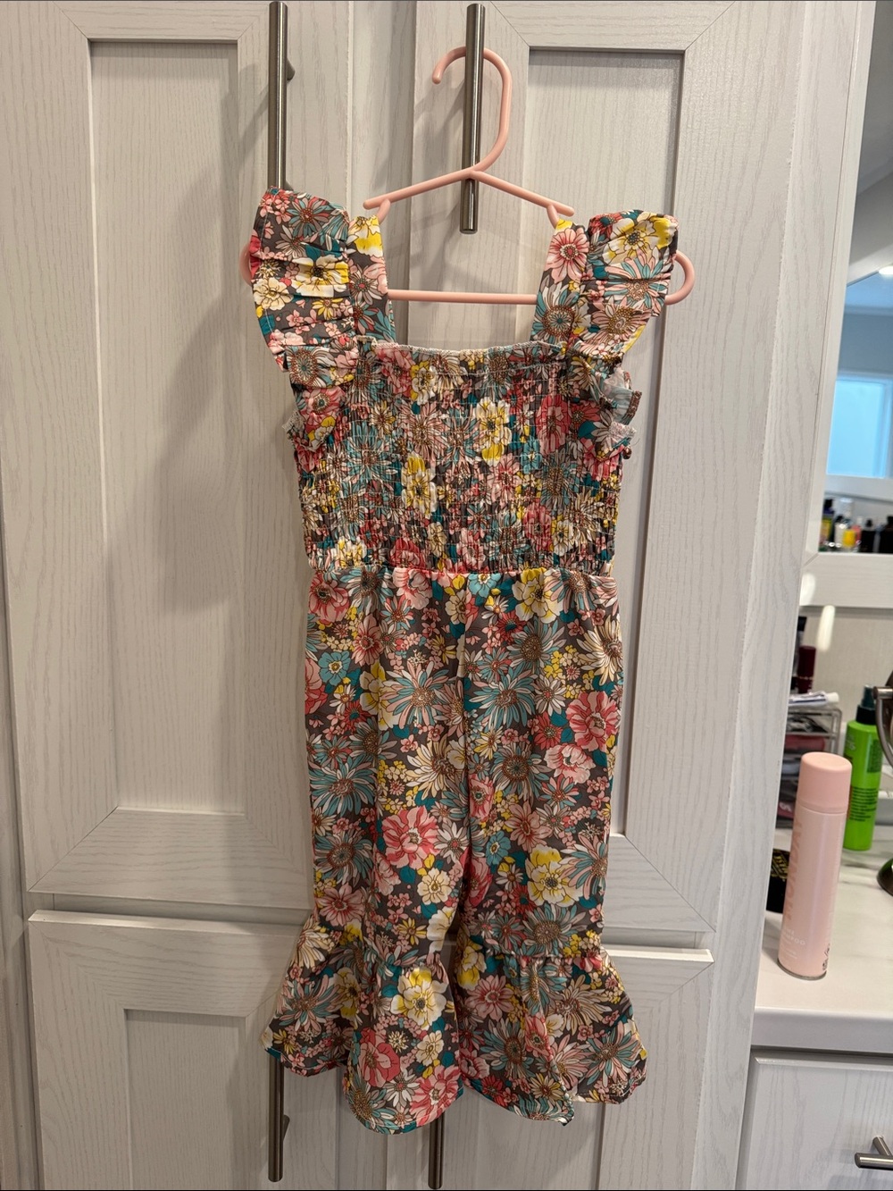 SHEIN Floral Ruffle Smocked Jumpsuit - Pink, Yellow, Blue